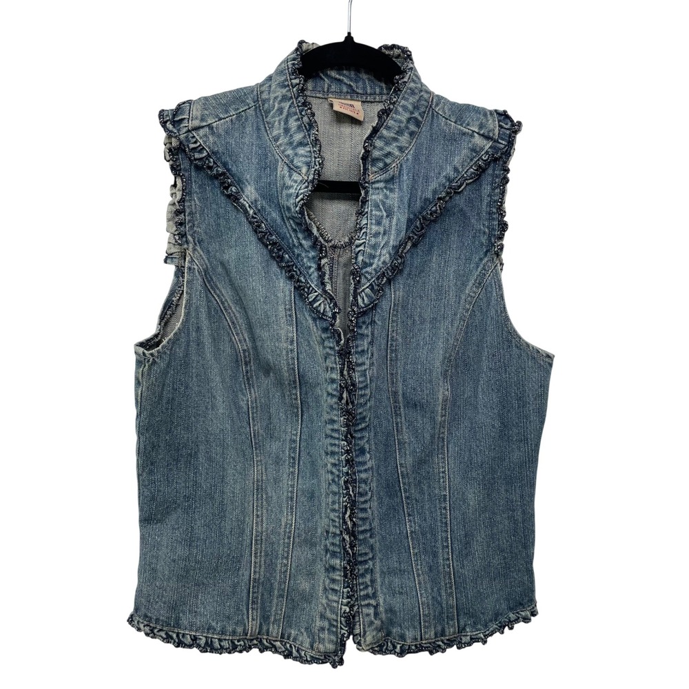 Y2K Vintage Womens Blue Denim Jean Vest Ruffle Trim Hook Eye Country Cowgirl M